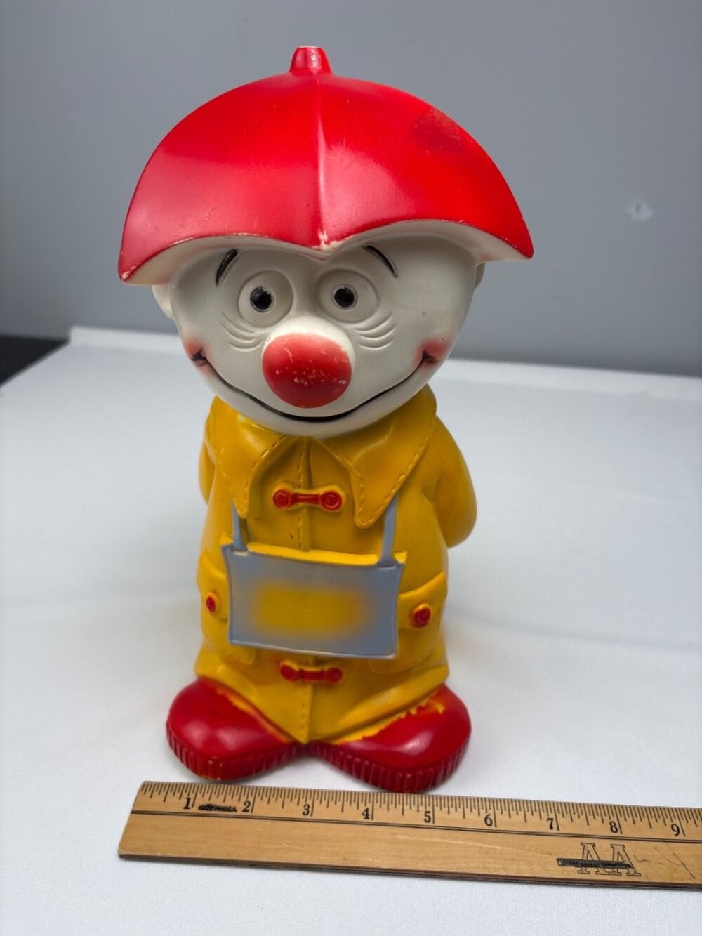 1971 Play Pal Plastics "For A Rainy Day" Clown Coin Bank 12" Red/Yellow Collecti - Picture 7 of 14